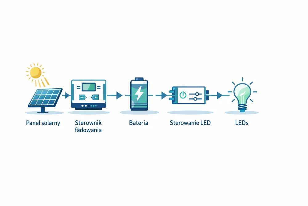 Schéma panelu, baterie, regulátoru a LED v solární lampě