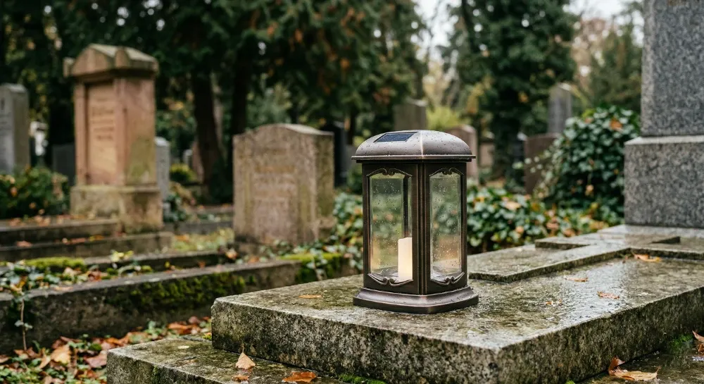 Hřbitovní solární lampa na kamenné desce po dešti