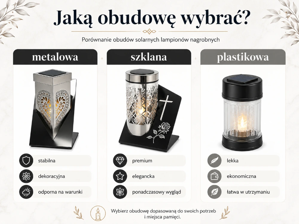 Srovnání skleněných, plastových a kovových těles solárních hřbitovních svíček