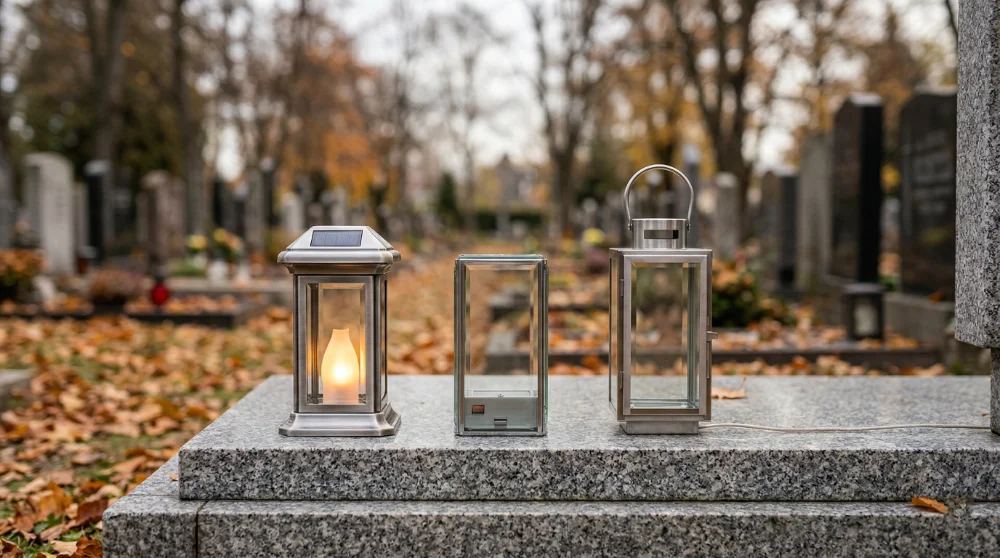 Solární svíčka, LED svíčka na baterie a elektrické osvětlení na hrobě