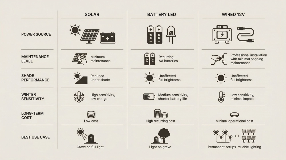 Infografika srovnávající solární, bateriové LED a kabelové osvětlení