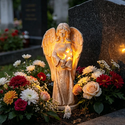 Solární pamětní figura s modlícím se andělem s křížem SM24290