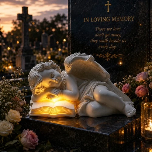 Solární pamětní figura se spícím andělem s osvětlenou knihou SM25003