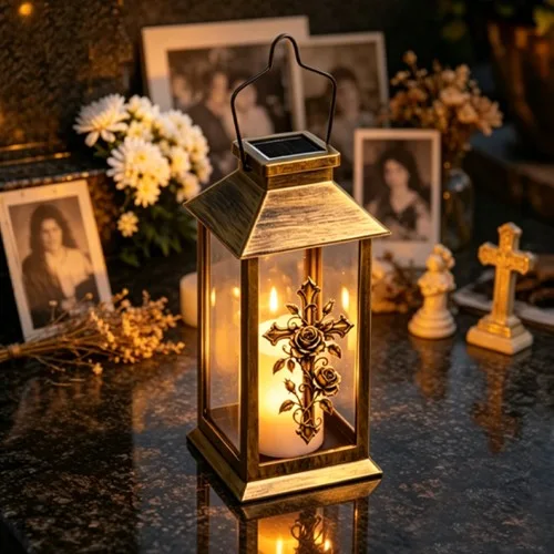 Solární pamětní lampion s křížem s růžemi SM26472D