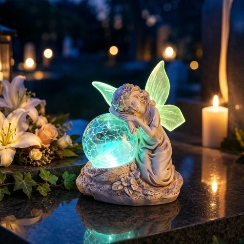 Solární pamětní figura se spícím andělem s praskavou skleněnou koulí SM26585