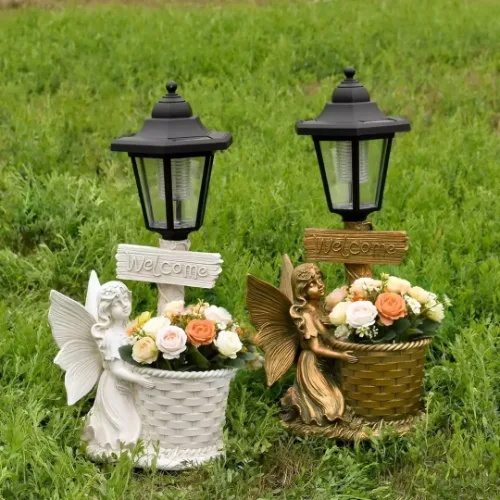 Solární pamětní květináč s andělem s květinovým motivem SM26586