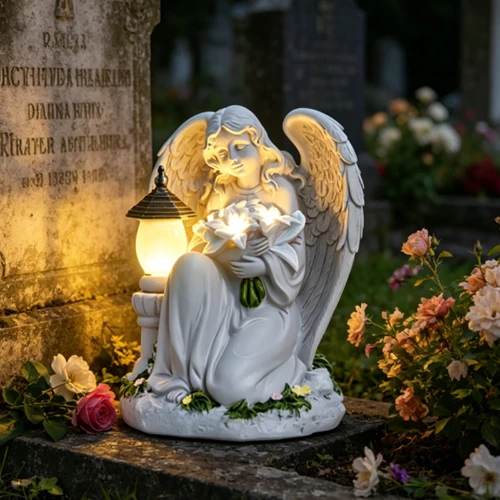 Solární pamětní lampion s modlícím se andělem s květinovým motivem SM26588