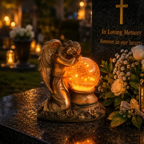 Solární pamětní figura se spícím andělem s praskavou skleněnou koulí SM26739