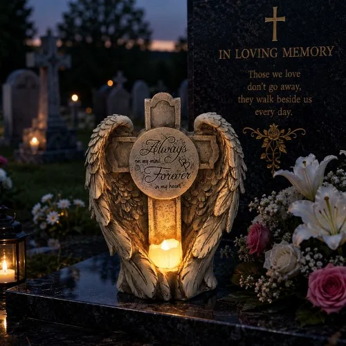 Solární pamětní srdce s andělskými křídly s křížem SM26785