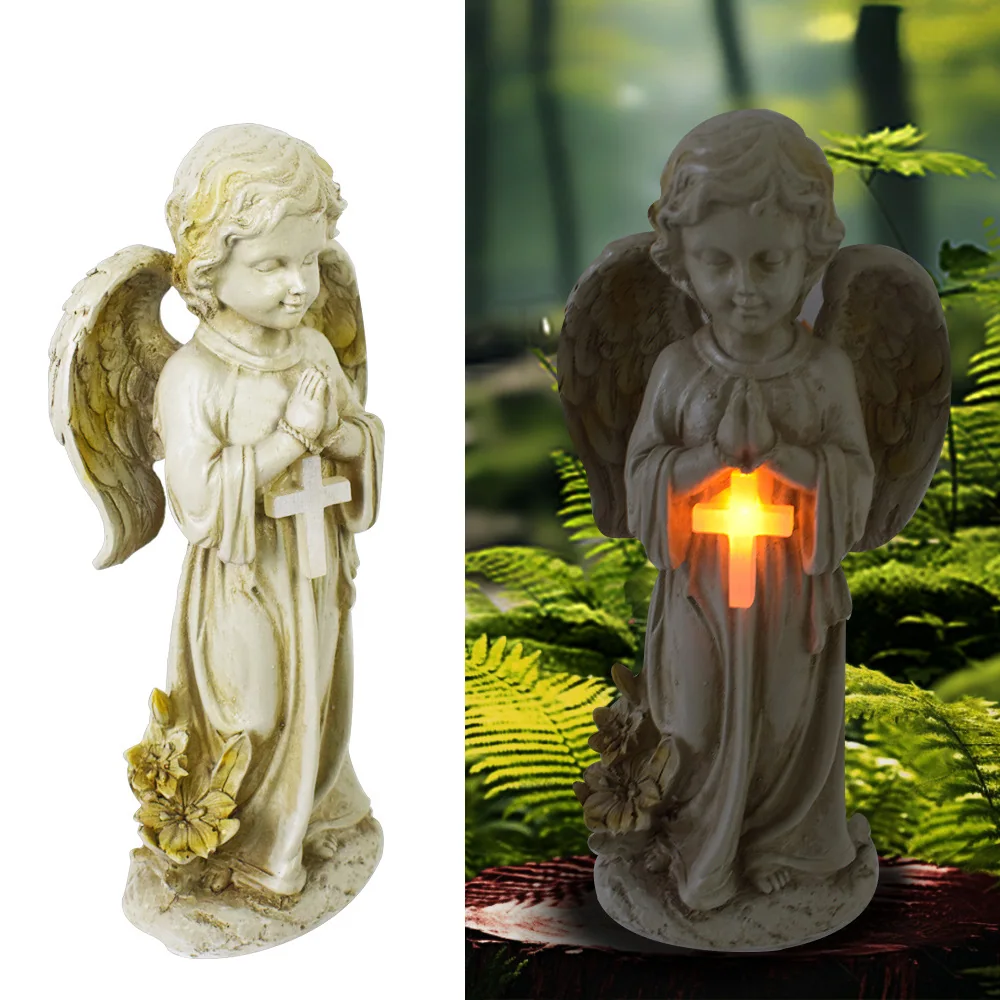 Solární pamětní figura s andělem s andělskými křídly s křížem SM26795